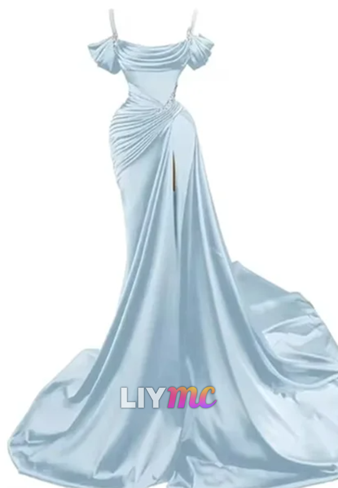 LP595 - Mermaid/Trumpet Off Shoulder Pleated Satin Long Prom Evening Dress With Slit