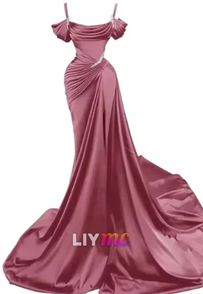 LP595 - Mermaid/Trumpet Off Shoulder Pleated Satin Long Prom Evening Dress With Slit