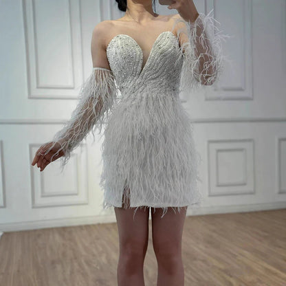 Luxury White Short  Beaded Mermaid Feather Cocktail Dress