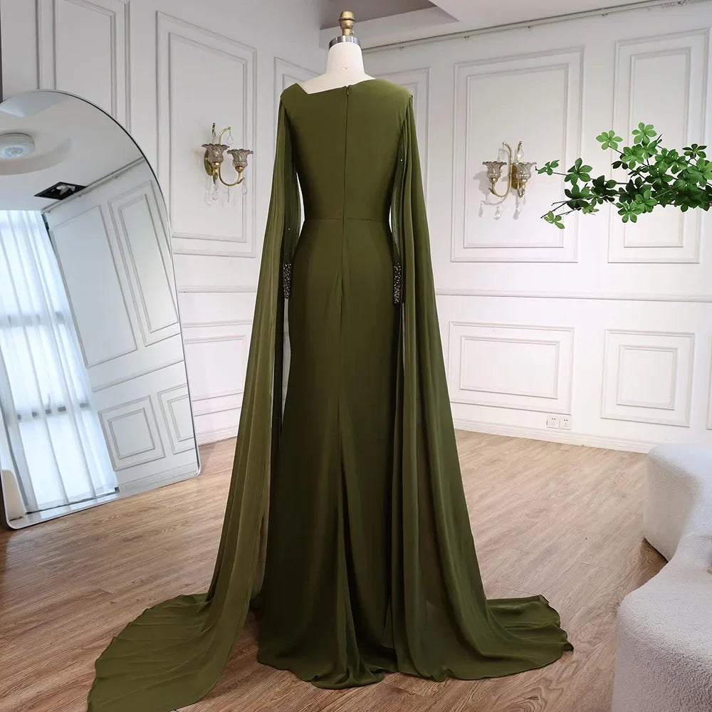 Luxury Olive Green Beaded Stretch Mermaid Evening Dress
