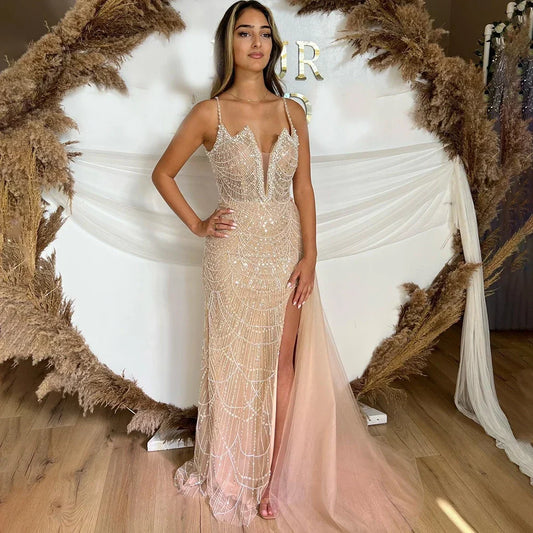 Nude Mermaid Spaghetti Straps Beaded Evening Gown