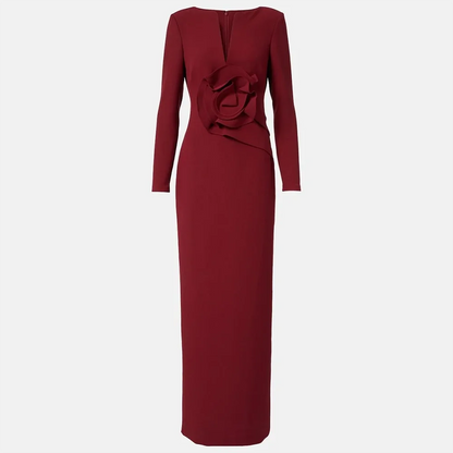 Elegant Evening Dress Customized V-Neck Long Sleeves Modern Jersey Evening Gowns Pleated Flower Straight Prom Dresses