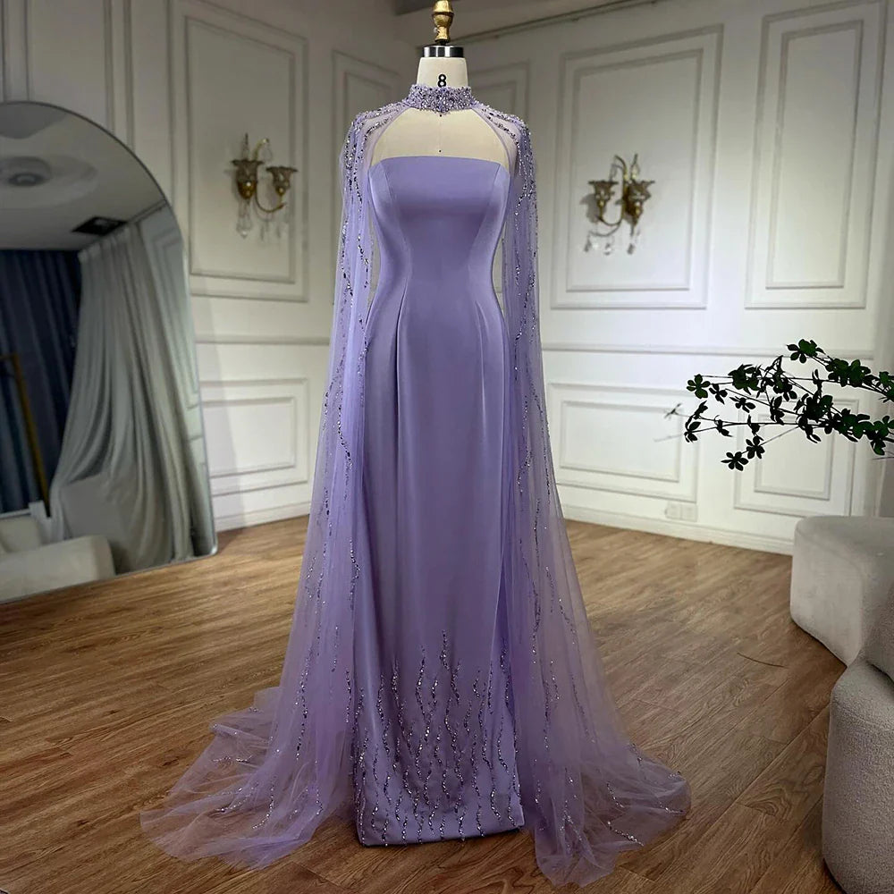 Lilac Elegant Evening Dresses with Luxury Beaded Long Cape Gown for Party