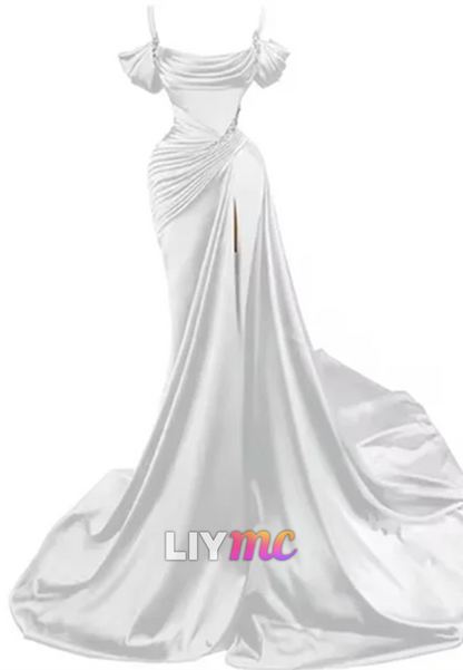 LP595 - Mermaid/Trumpet Off Shoulder Pleated Satin Long Prom Evening Dress With Slit