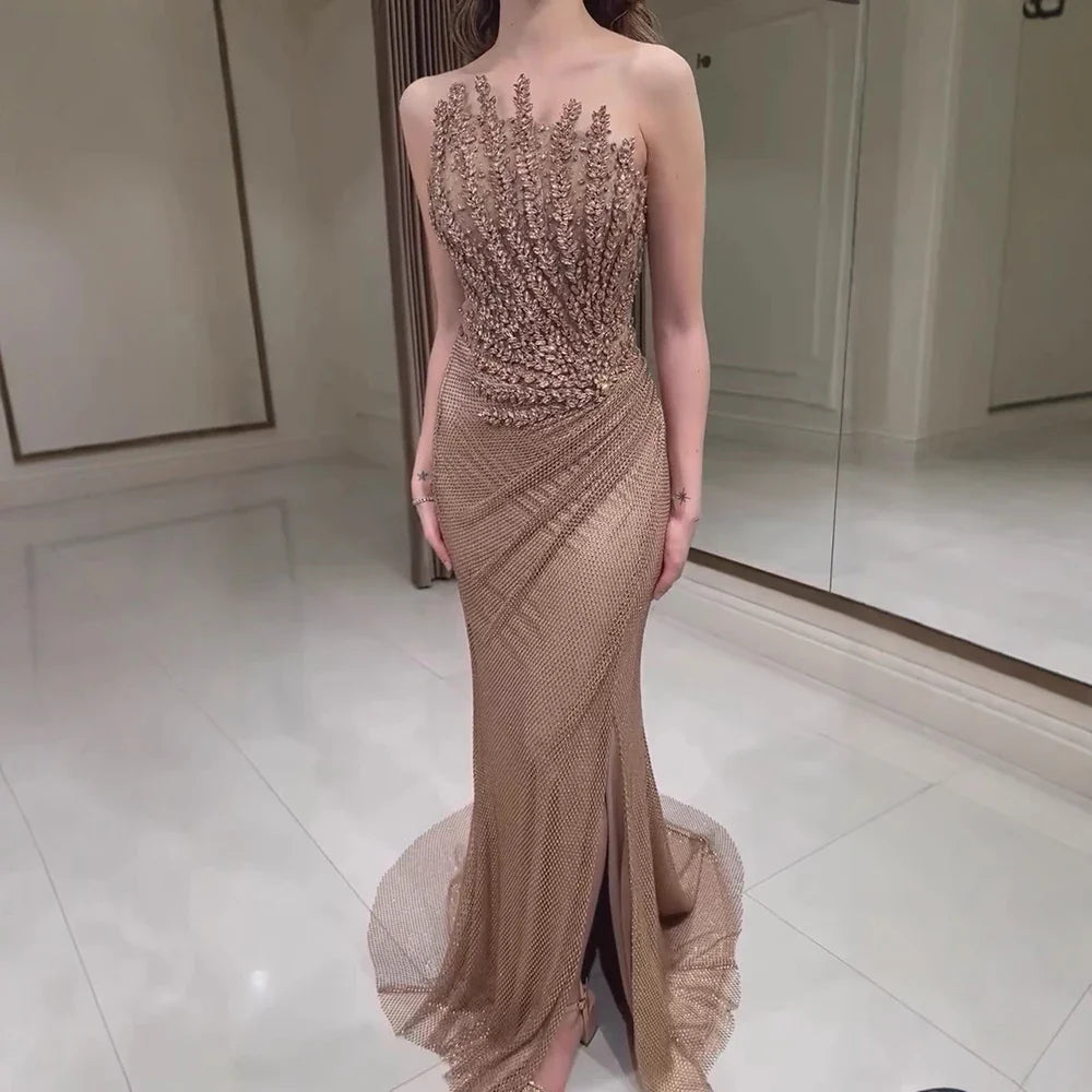 Luxury Caramel Mermaid Evening Dress Split