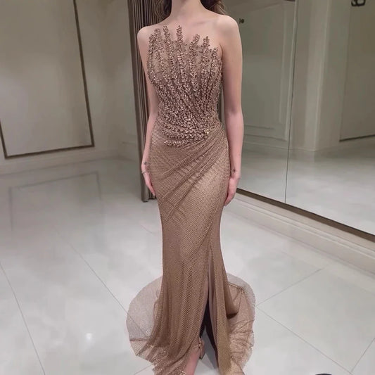 Luxury Caramel Mermaid Evening Dress Split