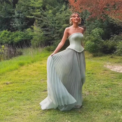 Luxury Sage Green A-Line Crystal Beaded Evening Dress