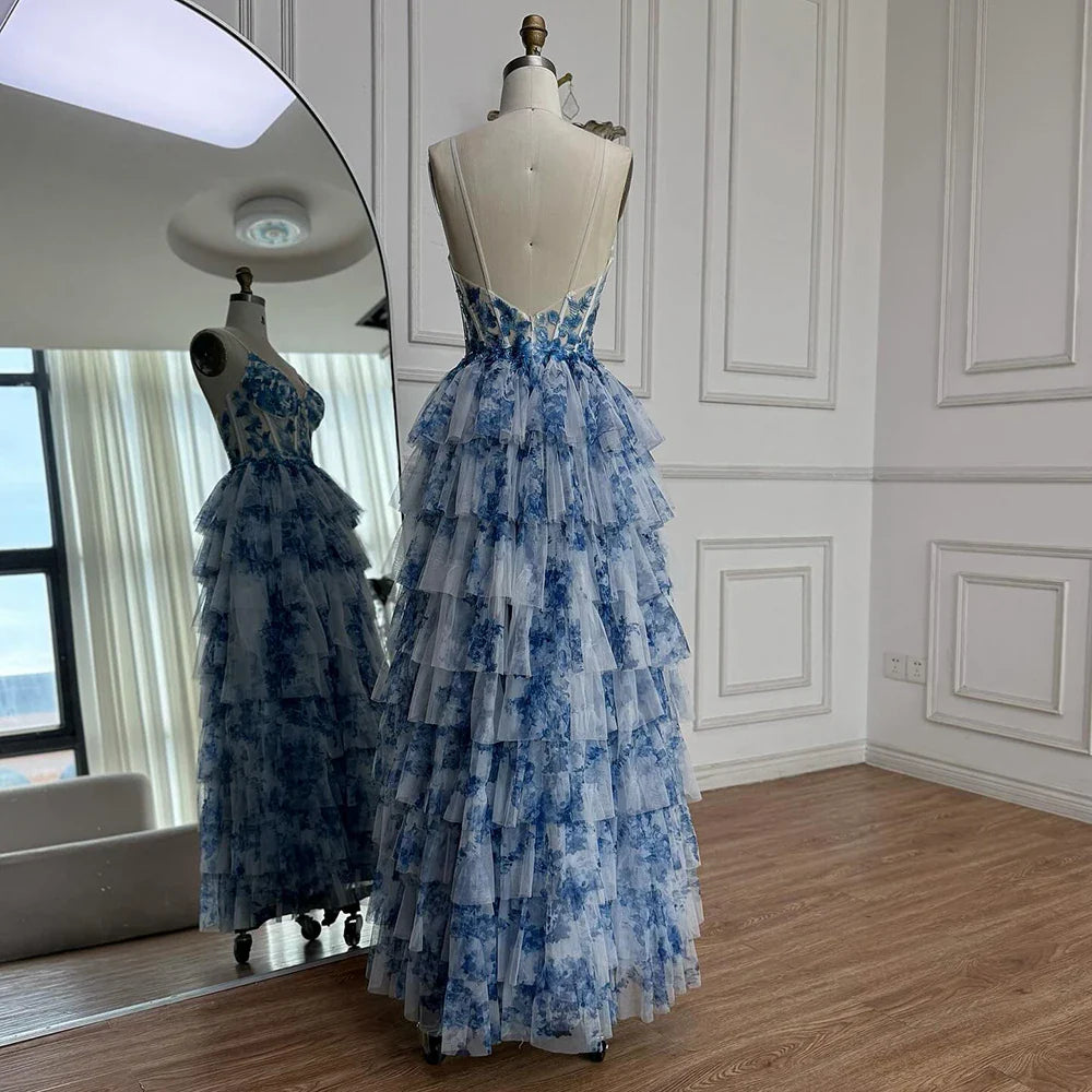 Spaghetti Straps Blue Print Floral Ruffle Prom Dress