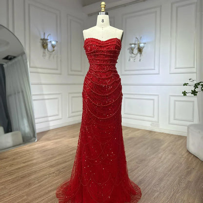Red Long Cape Pearls Beaded Mermaid Evening Dress Gown