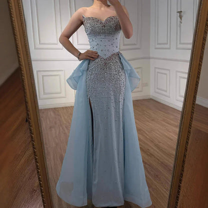 Luxury Blue Crystal Beaded Mermaid Evening Dress with Overskirt