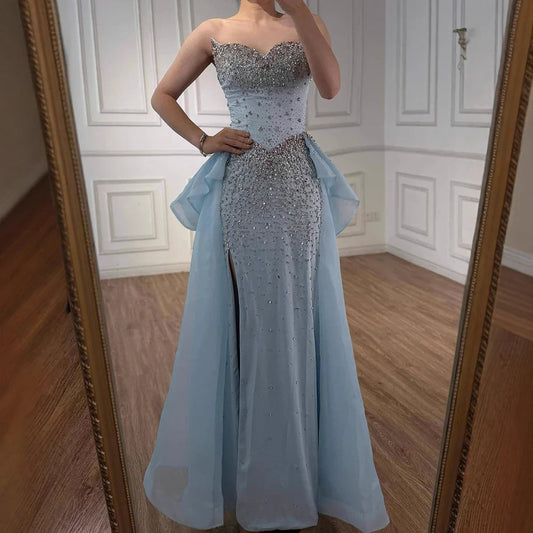 Luxury Blue Crystal Beaded Mermaid Evening Dress with Overskirt