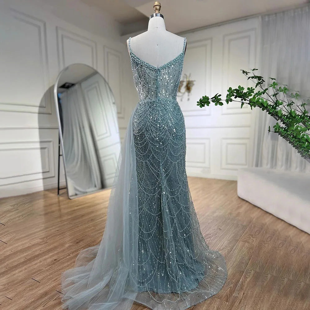 Nude Mermaid Spaghetti Straps Beaded Evening Gown