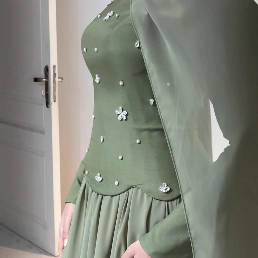 Luxury Olive Green Beaded Evening Dress with Cape