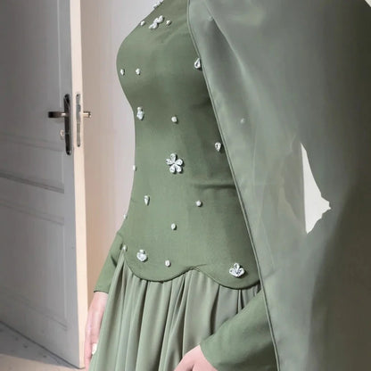 Luxury Olive Green Beaded Evening Dress with Cape