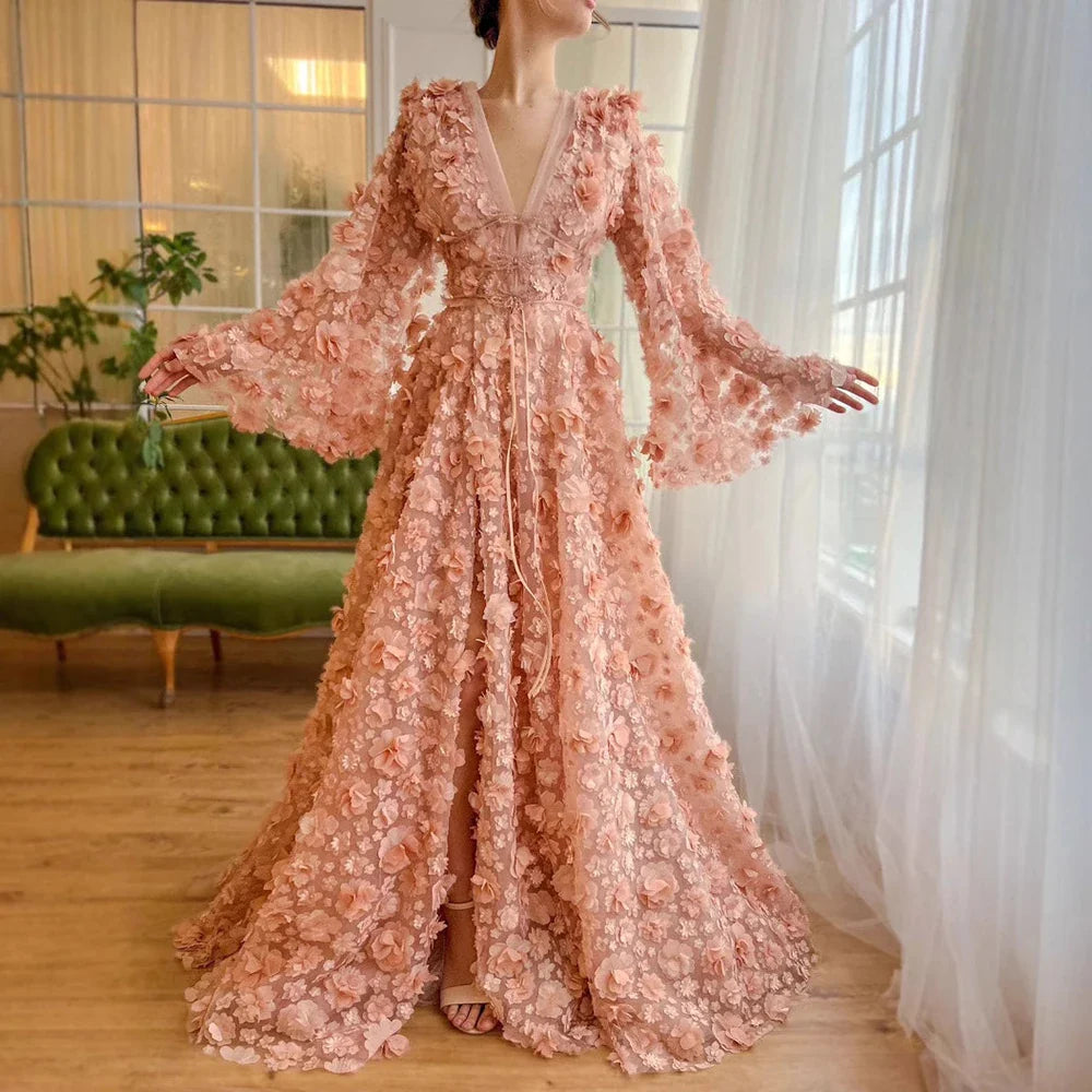 Blush Peach-Pink 3D Flowers Evening Dresses with Bell Long Sleeves