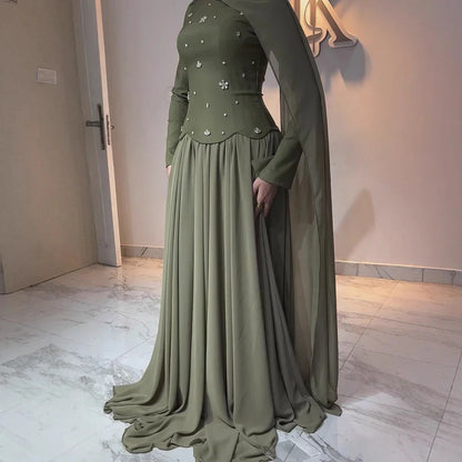 Luxury Olive Green Beaded Evening Dress with Cape