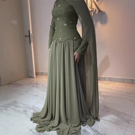 Luxury Olive Green Beaded Evening Dress with Cape