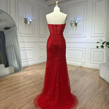 Red Long Cape Pearls Beaded Mermaid Evening Dress Gown