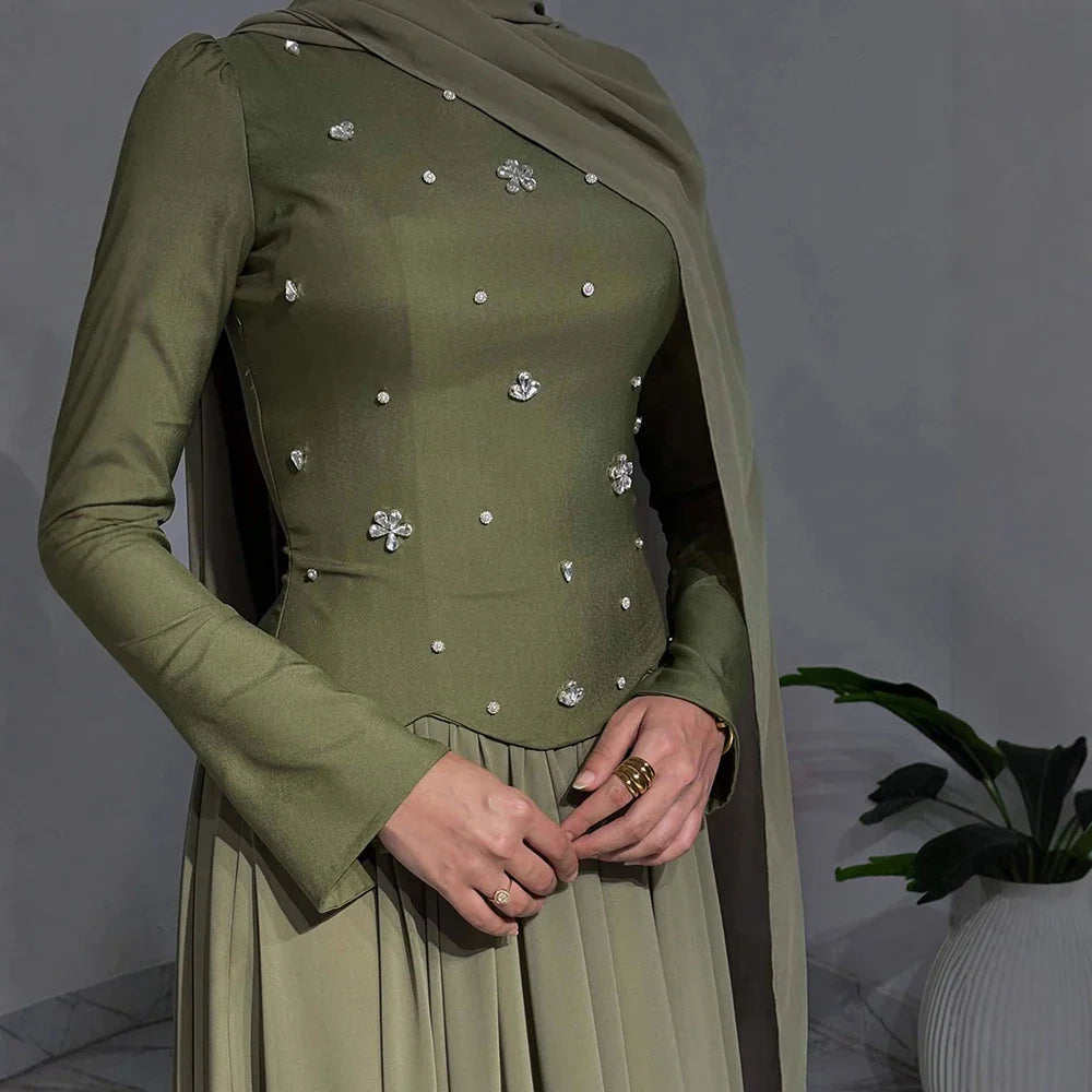 Luxury Olive Green Beaded Evening Dress with Cape