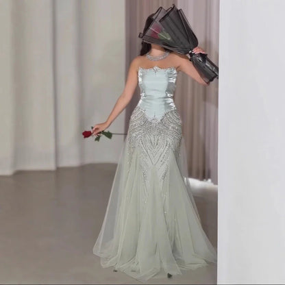 Luxury Sage Green Beaded Mermaid Evening Dress with Balloon Sleeves