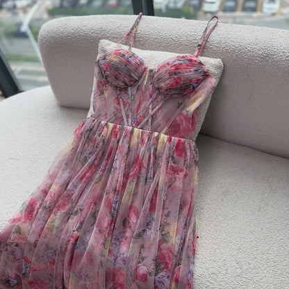 Pink A-Line Tulle Printed Ruffle Tiered Prom Dress