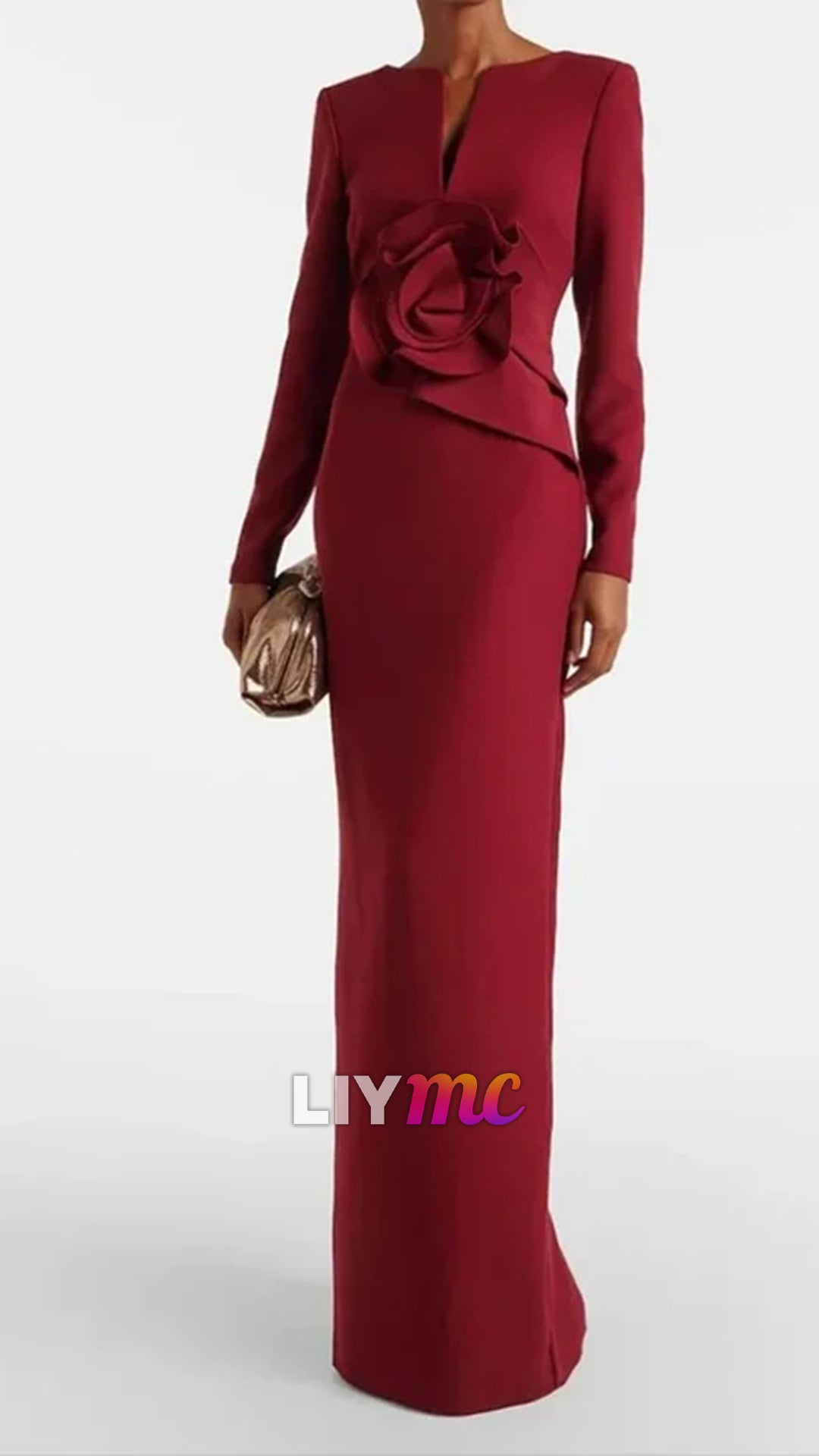 Elegant Evening Dress Customized V-Neck Long Sleeves Modern Jersey Evening Gowns Pleated Flower Straight Prom Dresses