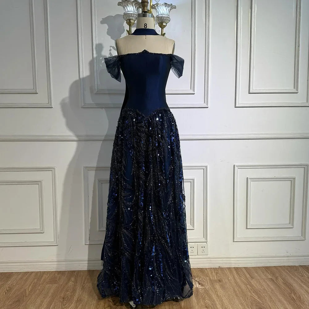 Luxury Arabic Navy A-Line Evening Dress with Beaded