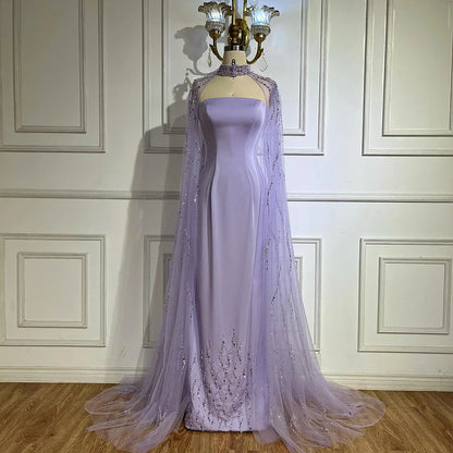 Lilac Elegant Evening Dresses with Luxury Beaded Long Cape Gown for Party