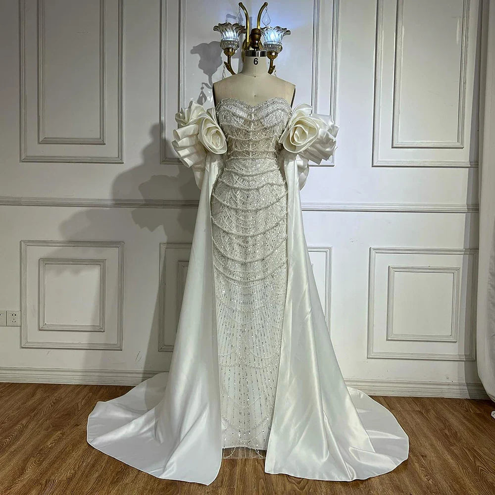 Red Long Cape Pearls Beaded Mermaid Evening Dress Gown