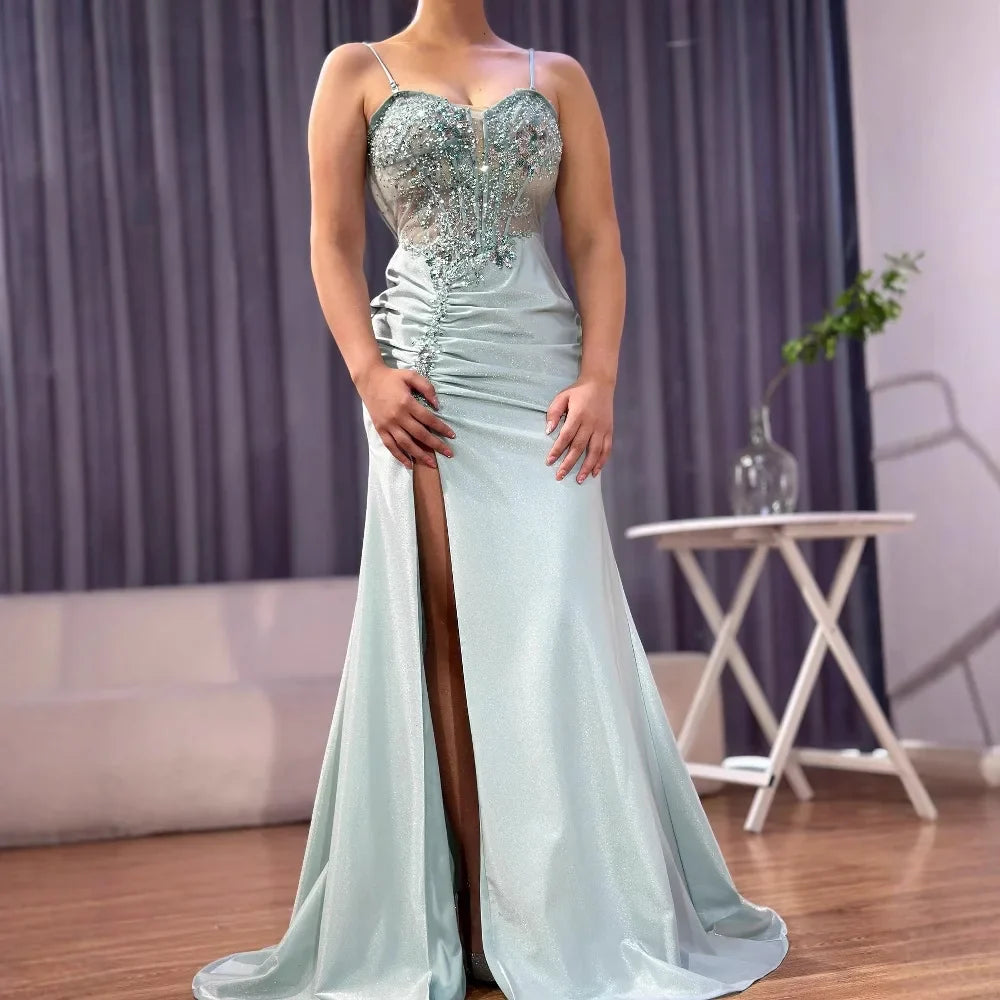 Classy Navy Satin Prom Dress with Lace Beaded and Slit