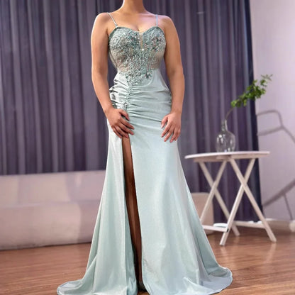 Classy Navy Satin Prom Dress with Lace Beaded and Slit