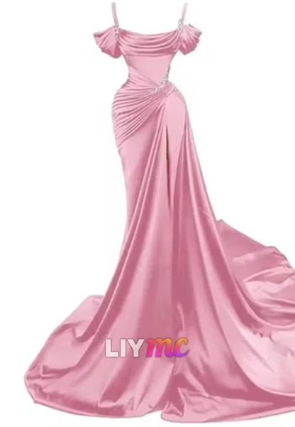 LP595 - Mermaid/Trumpet Off Shoulder Pleated Satin Long Prom Evening Dress With Slit