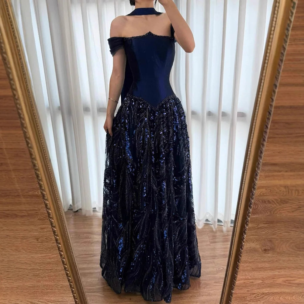 Luxury Arabic Navy A-Line Evening Dress with Beaded
