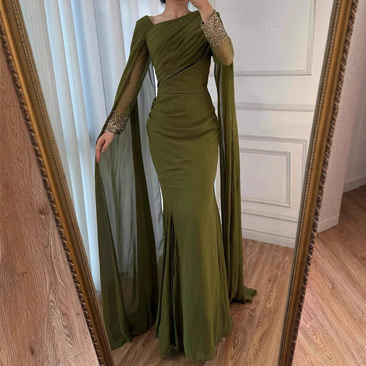 Luxury Olive Green Beaded Stretch Mermaid Evening Dress