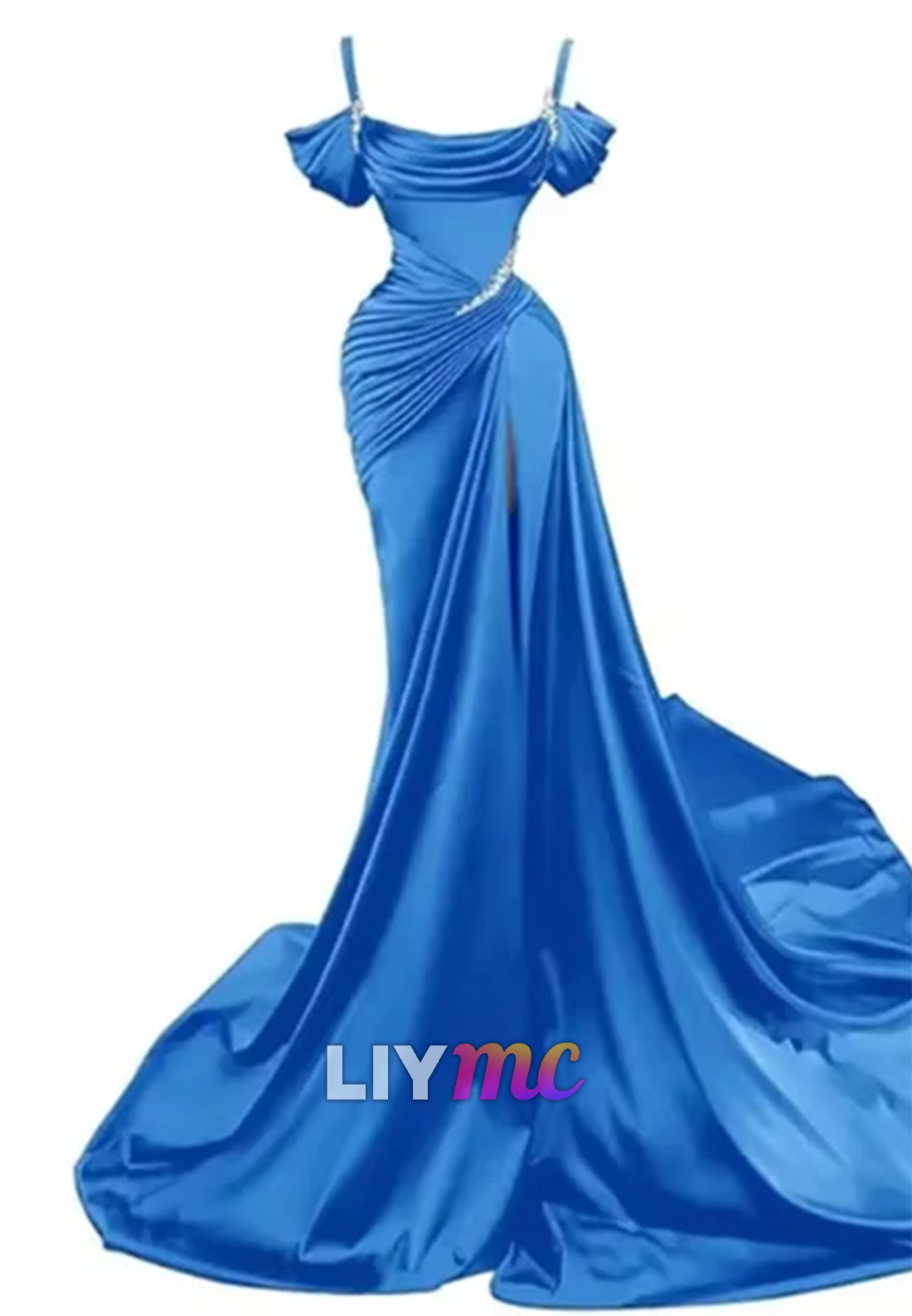 LP595 - Mermaid/Trumpet Off Shoulder Pleated Satin Long Prom Evening Dress With Slit