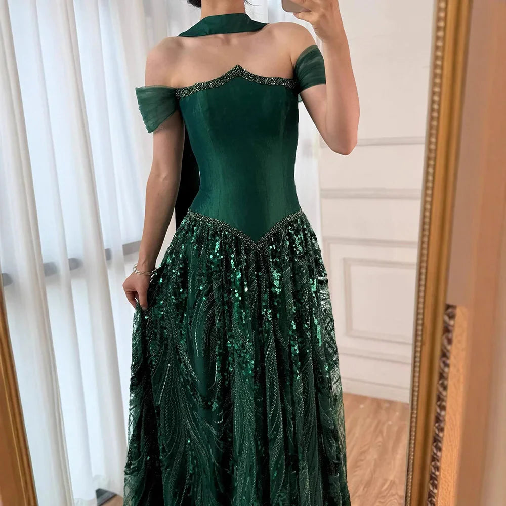 Luxury Arabic Navy A-Line Evening Dress with Beaded