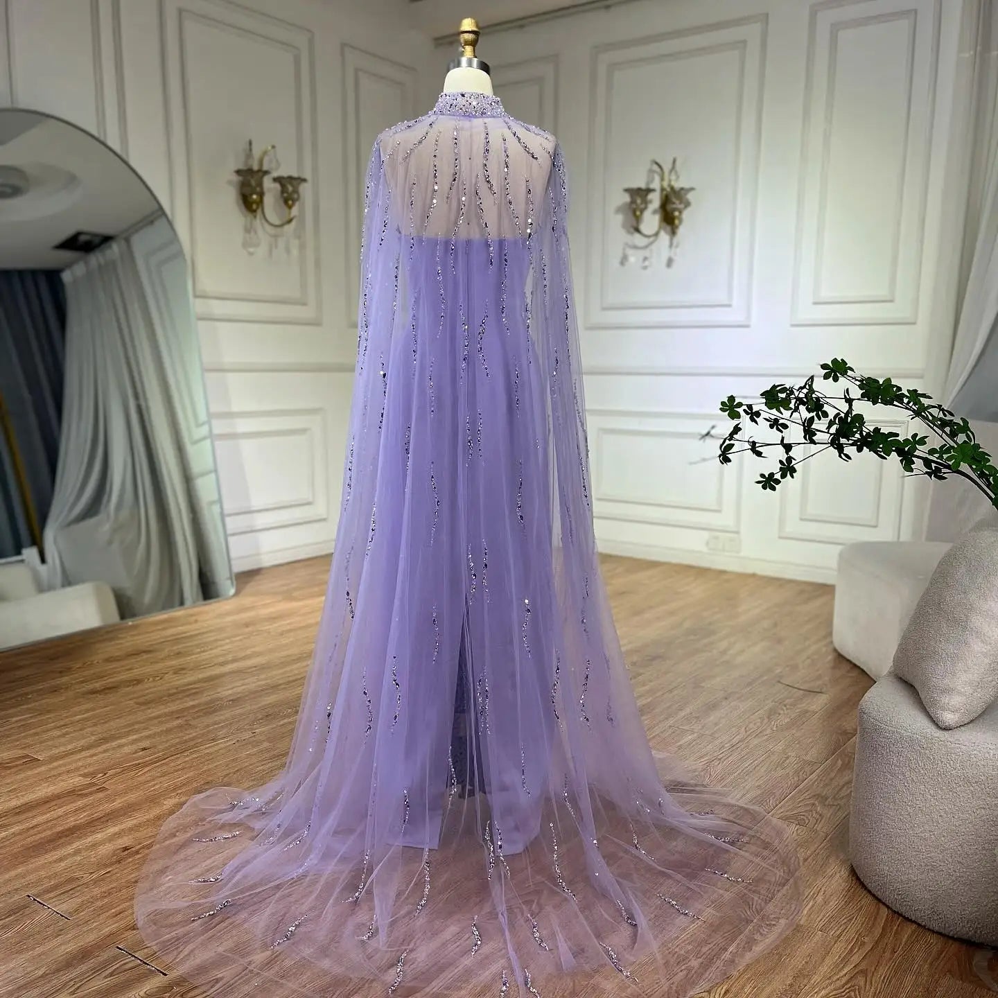 Lilac Elegant Evening Dresses with Luxury Beaded Long Cape Gown for Party