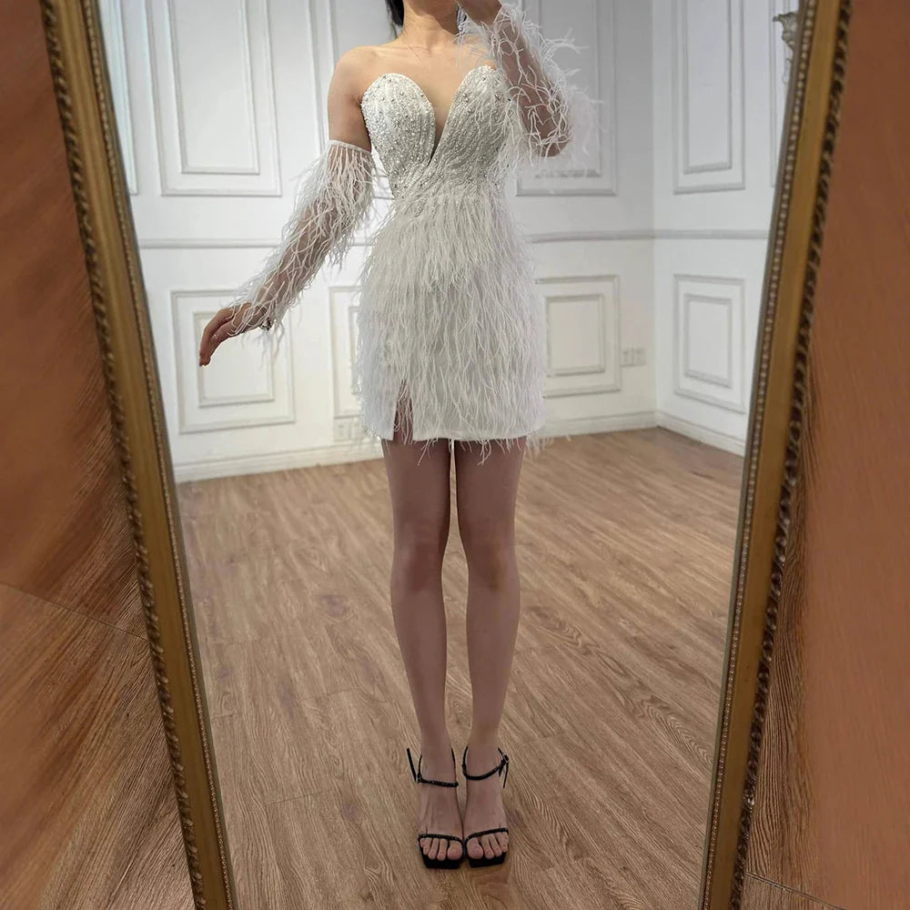 Luxury White Short  Beaded Mermaid Feather Cocktail Dress