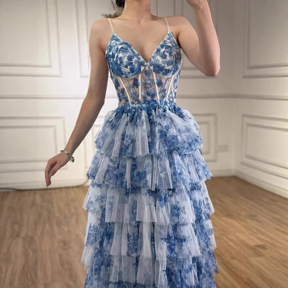 Spaghetti Straps Blue Print Floral Ruffle Prom Dress