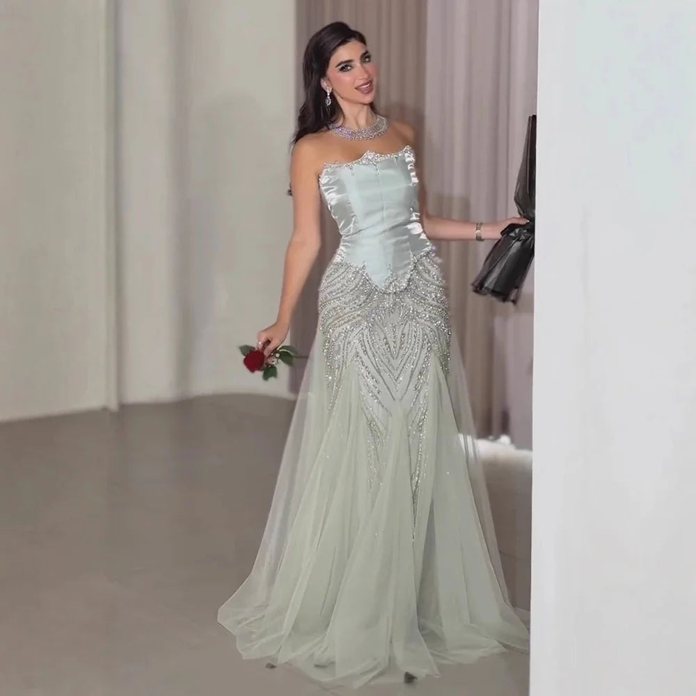 Luxury Sage Green Beaded Mermaid Evening Dress with Balloon Sleeves