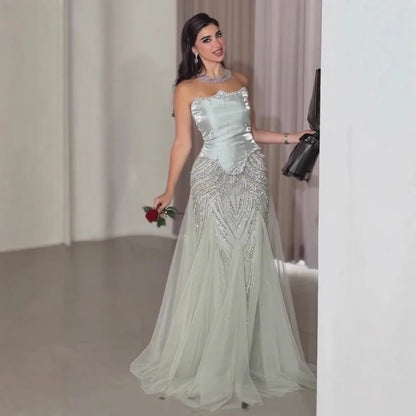 Luxury Sage Green Beaded Mermaid Evening Dress with Balloon Sleeves