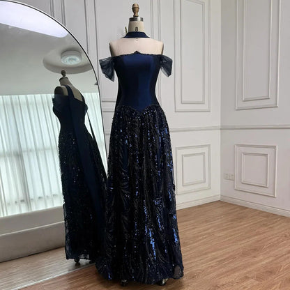 Luxury Arabic Navy A-Line Evening Dress with Beaded