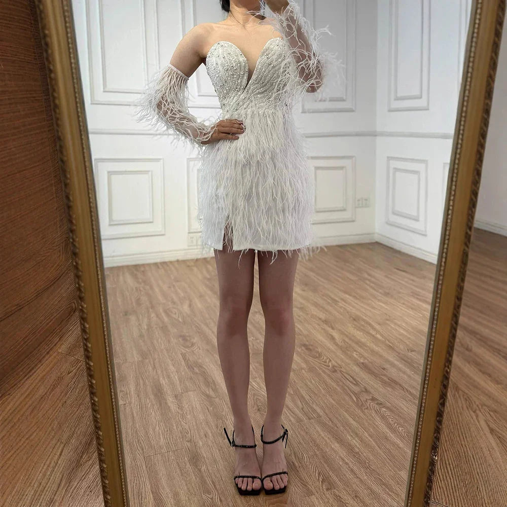Luxury White Short  Beaded Mermaid Feather Cocktail Dress