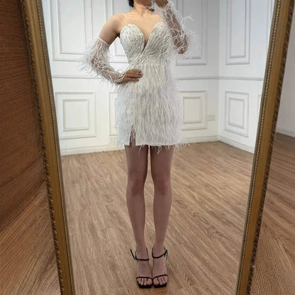 Luxury White Short  Beaded Mermaid Feather Cocktail Dress