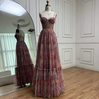 Pink A-Line Tulle Printed Ruffle Tiered Prom Dress