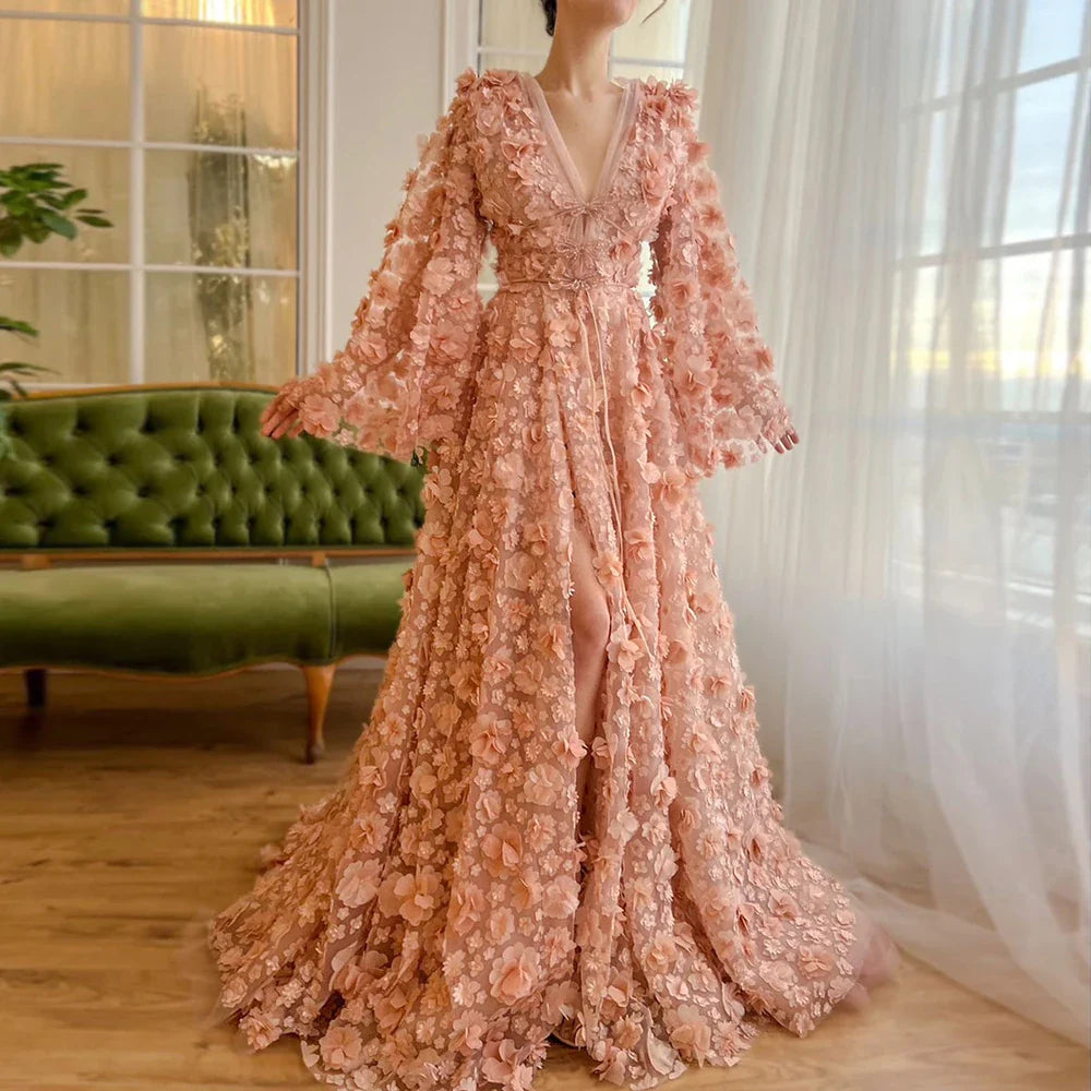 Blush Peach-Pink 3D Flowers Evening Dresses with Bell Long Sleeves