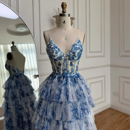 Spaghetti Straps Blue Print Floral Ruffle Prom Dress