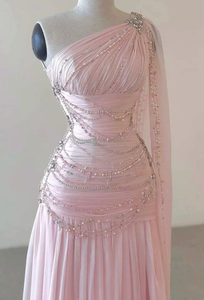 Classy A Line One Shoulder Pink Chiffon Evening Gown Prom Dresses