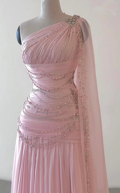 Classy A Line One Shoulder Pink Chiffon Evening Gown Prom Dresses