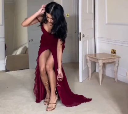 Pretty Mermaid Off The Shoulder Burgundy Slit Long Prom Dresses Formal Evening Dress
